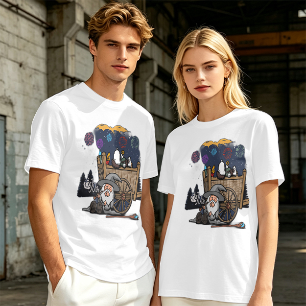 Olive T-Shirt with Wizard and Fireworks Cart Graphic