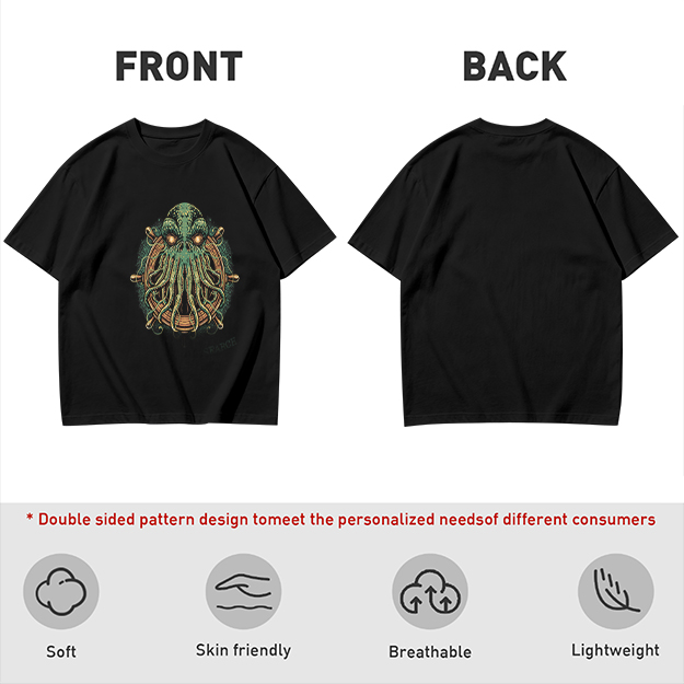Olive Green T-Shirt With Cthulhu Ship Wheel Graphic