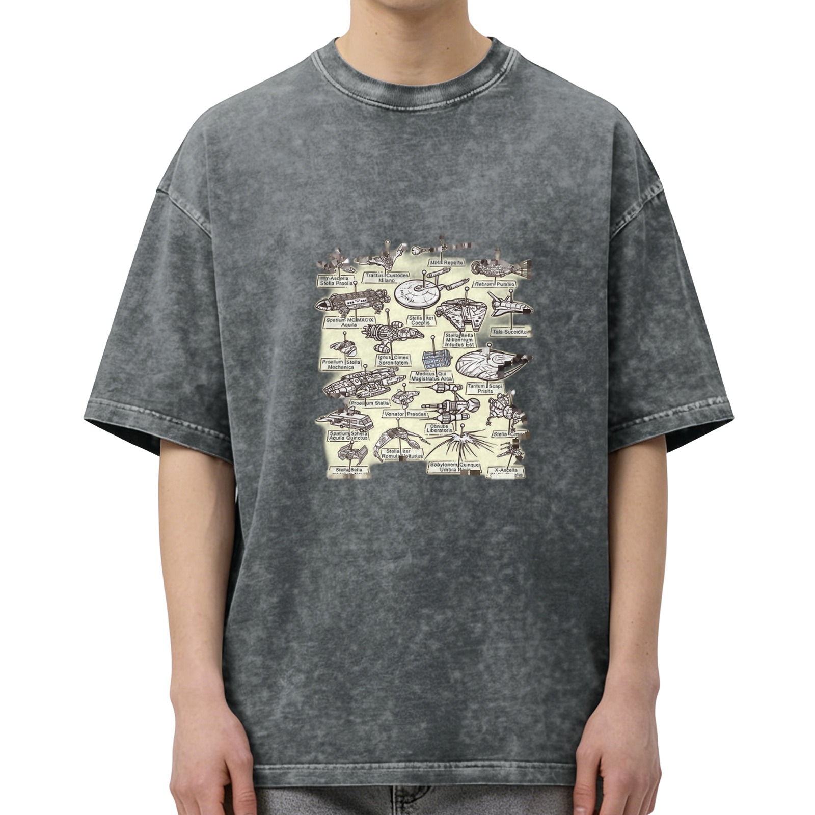 Retro washed black sci-fi spaceship print short-sleeved T-shirt