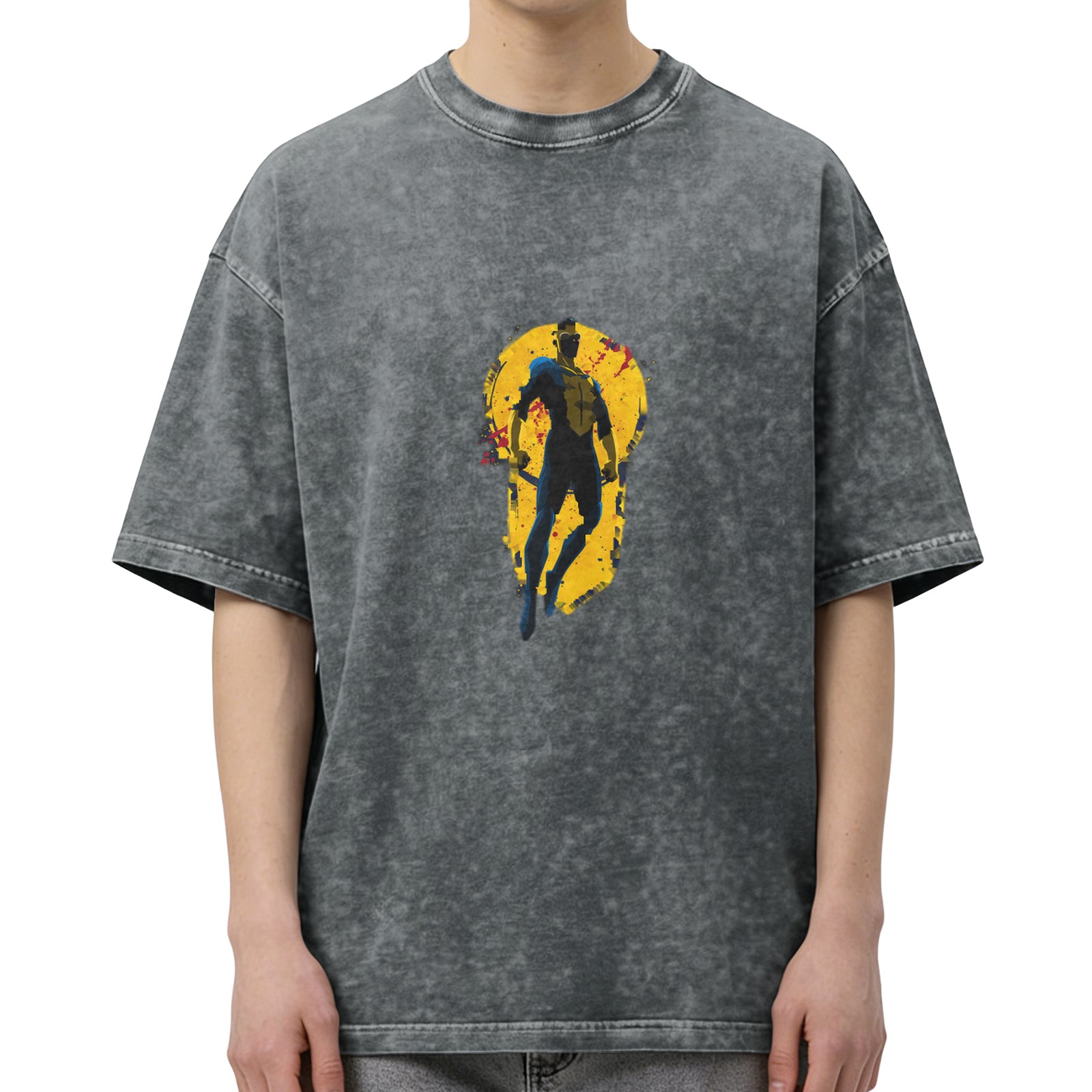 Retro washed distressed superhero printed short-sleeved T-shirt