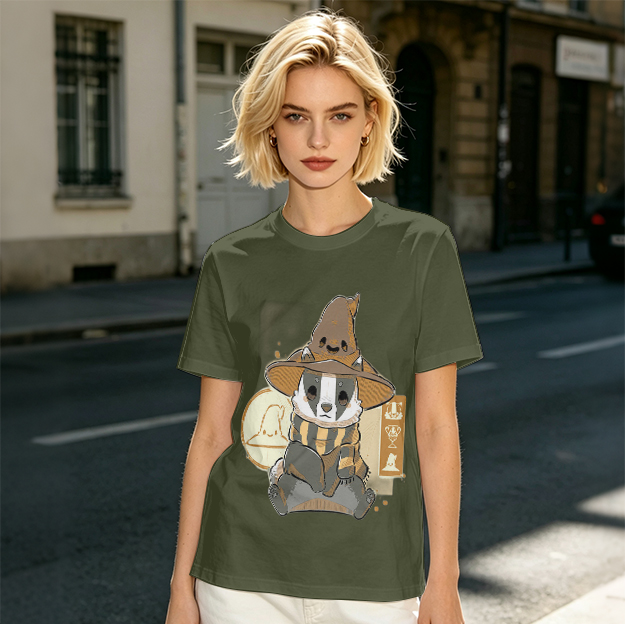 Olive T-Shirt With Cute Wizard Badger Graphic Print