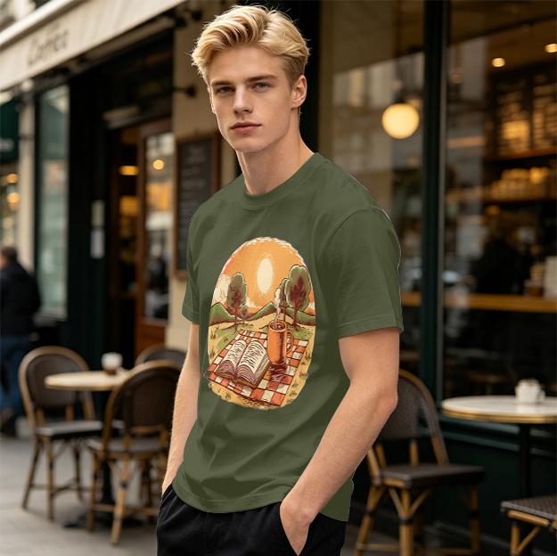 Olive T-Shirt with Sunset Picnic Book and Coffee Art