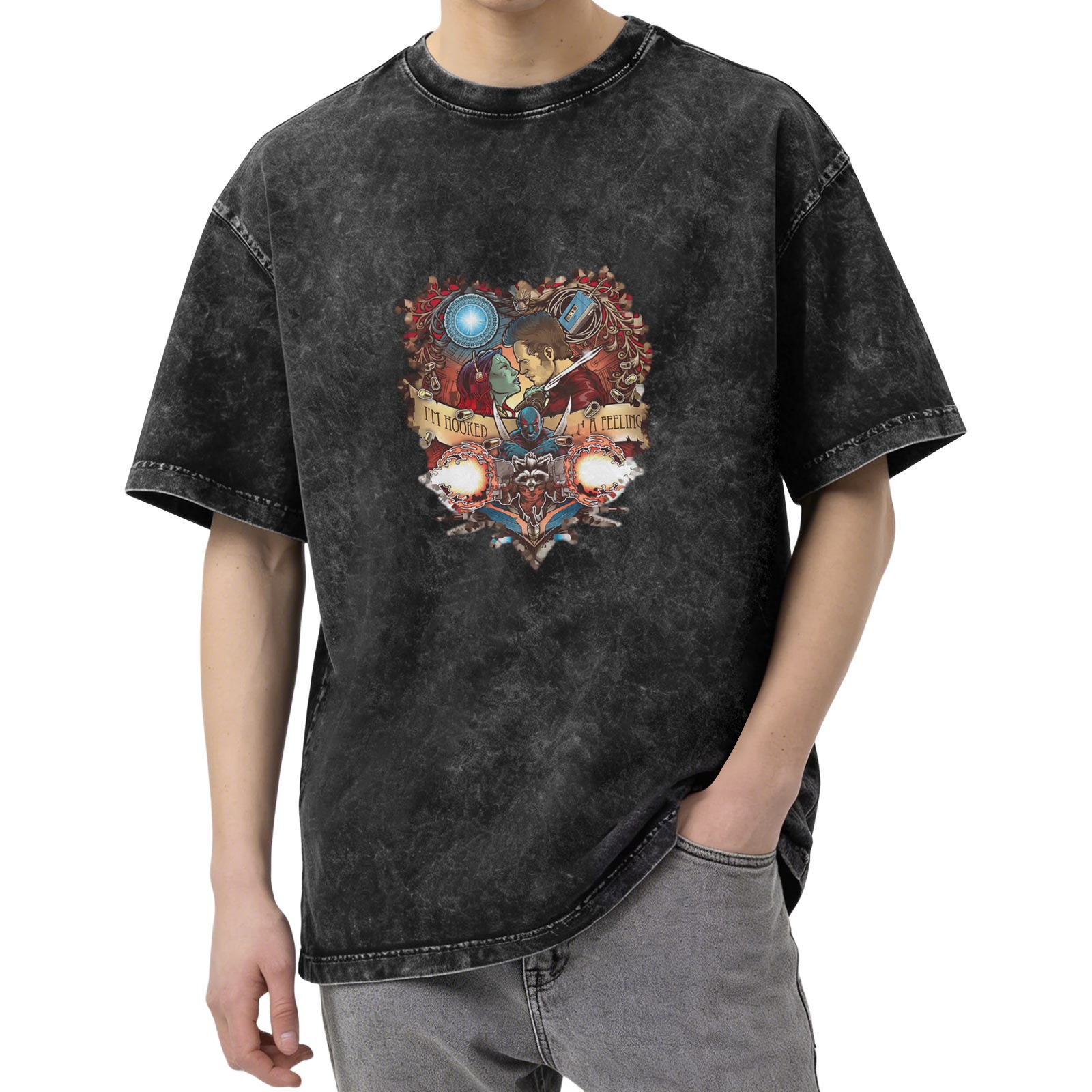 Washed Black T-Shirt with Guardians of the Galaxy Heart Graphic