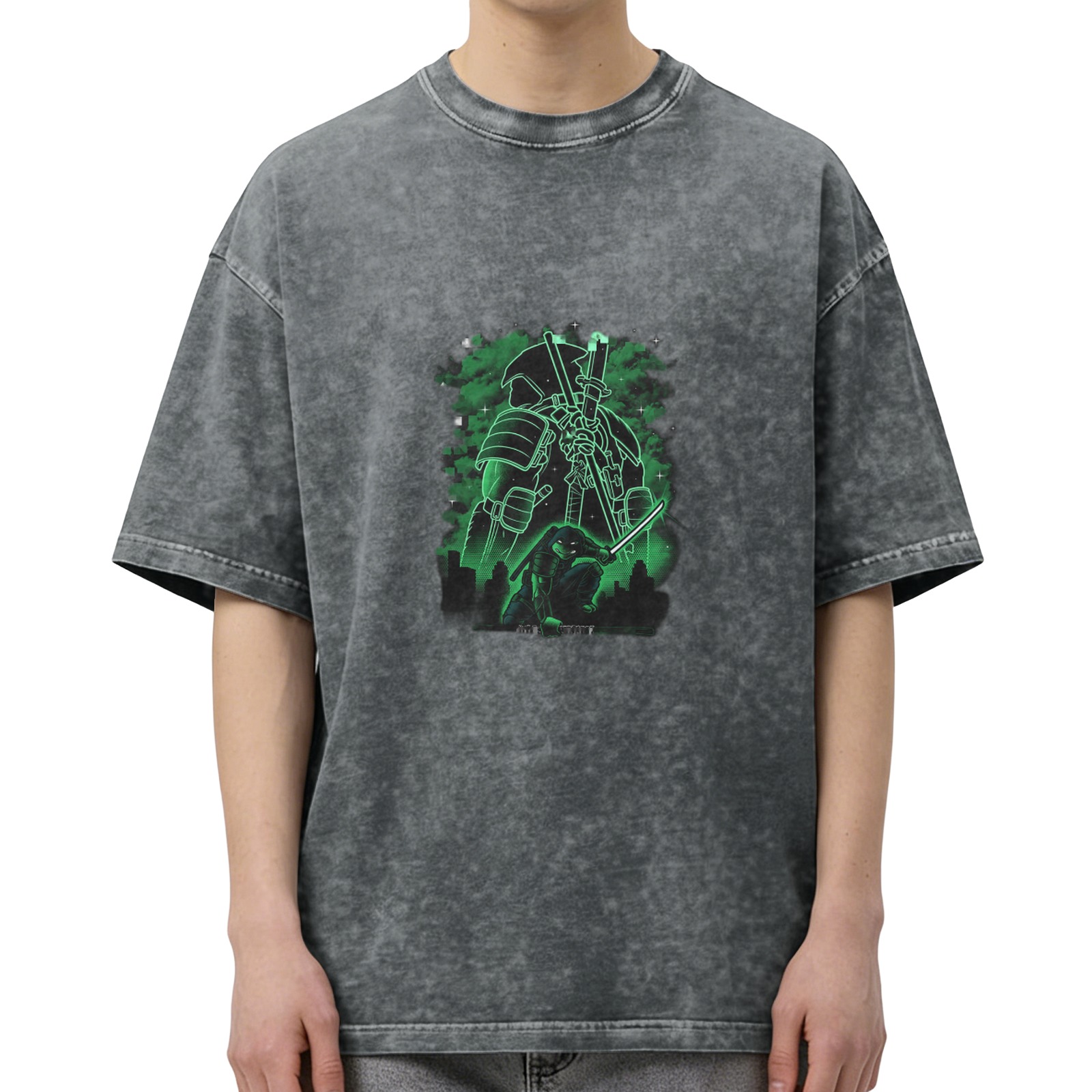 Washed Black T-Shirt with Neon Green Samurai Turtle Graphic