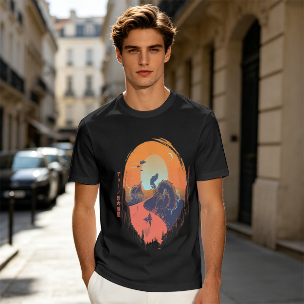 Olive T-Shirt with Sunset Mountain Wolf Silhouette Art Print
