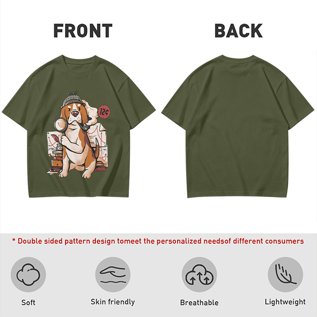 Olive T-Shirt With Cartoon Detective Beagle Dog Print