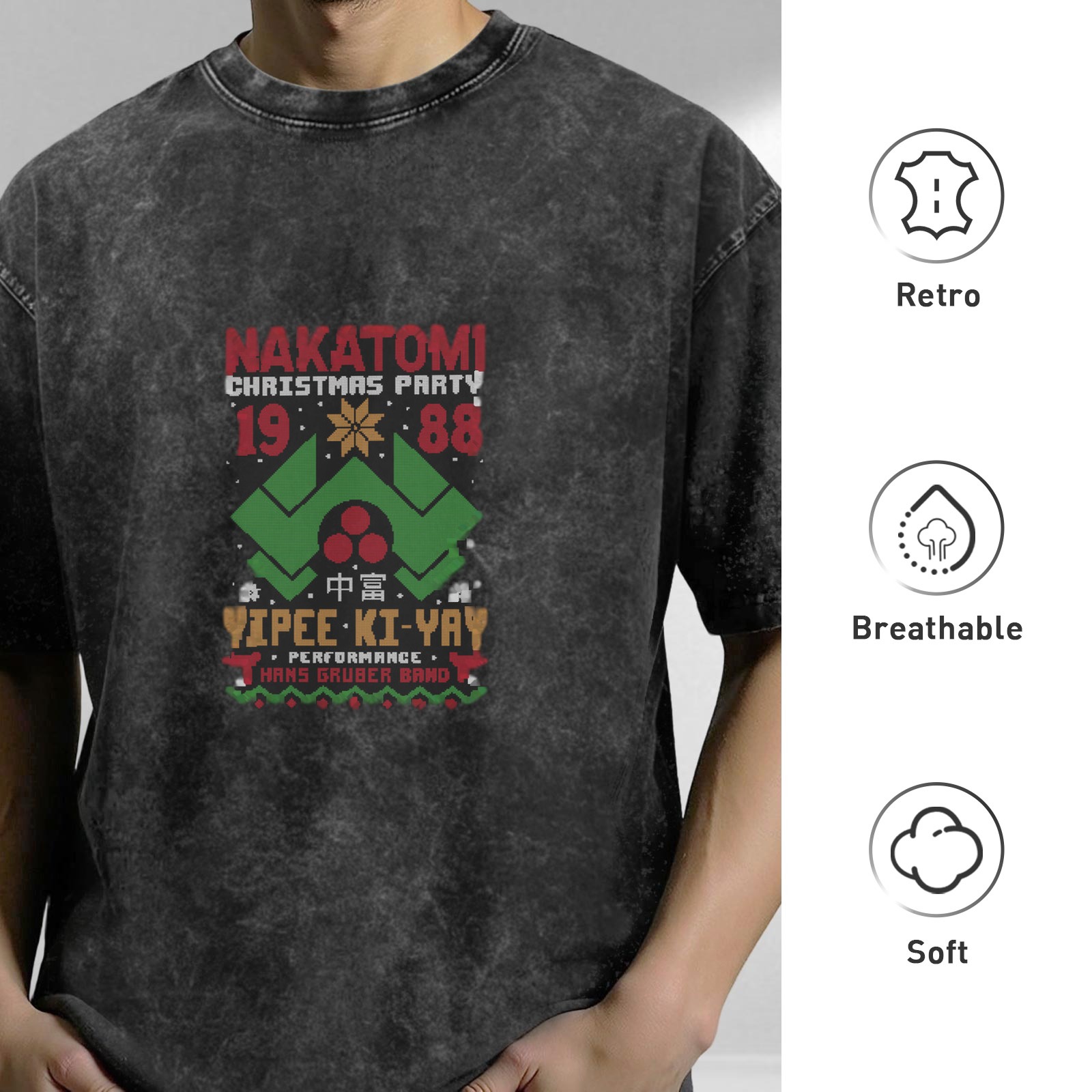 Nakatomi Christmas Party 1988 Yipee Ki-Yay Hans Gruber Band Oversized Stone Wash T-Shirt