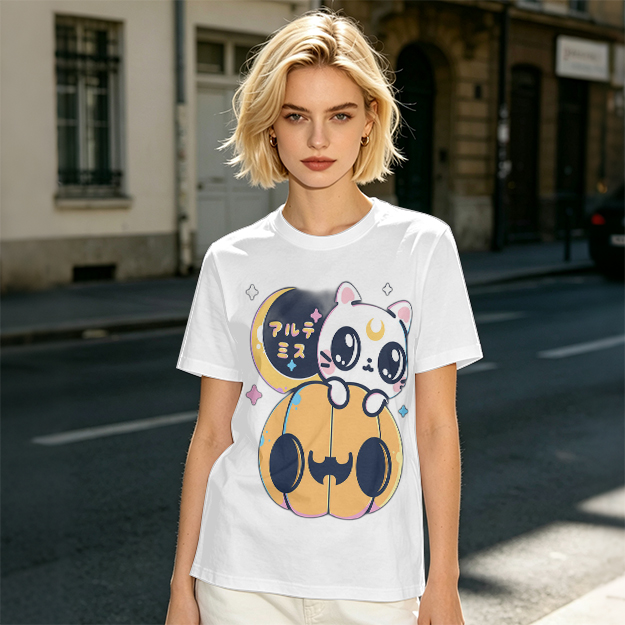 Cute white cat on jack-o'-lantern Halloween graphic tee