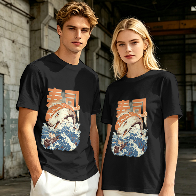 Olive t-shirt with sushi monster and great wave graphic