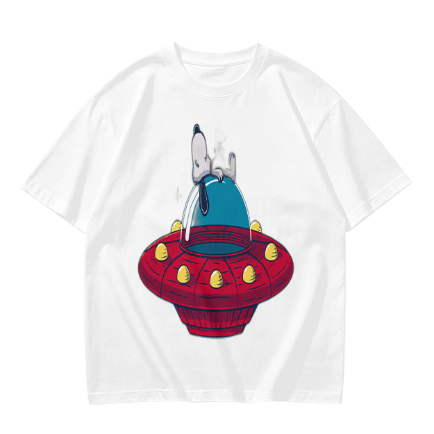 Olive T-Shirt Featuring Snoopy Relaxing in a Red UFO