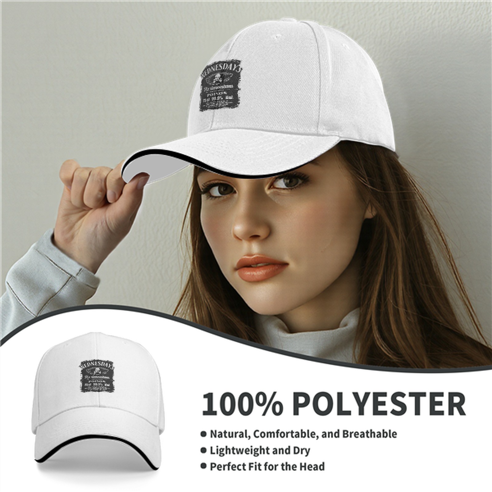 Black baseball cap with Wednesday's Poison label graphic