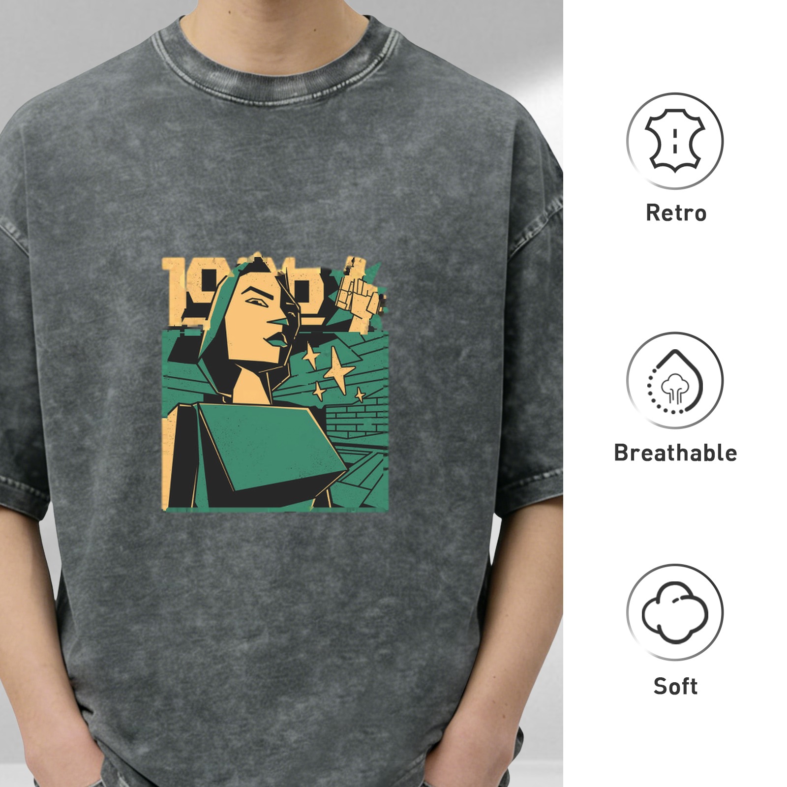 Oversized Acid Wash T-Shirt With Retro Propaganda Style Graphic Print