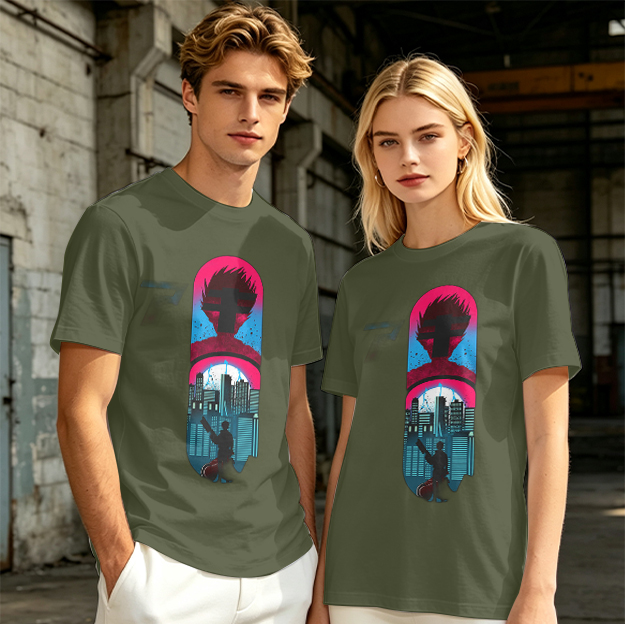 Olive T-Shirt With Cyberpunk City And Spiky Silhouette Graphic