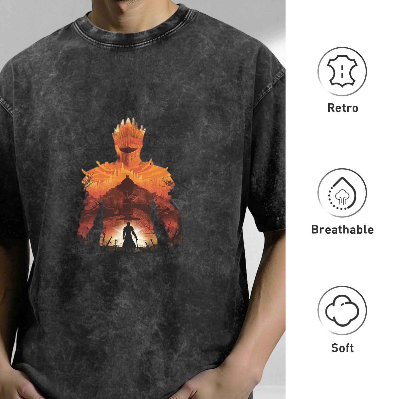 Distressed black short-sleeved T-shirt, game-themed print, loose style