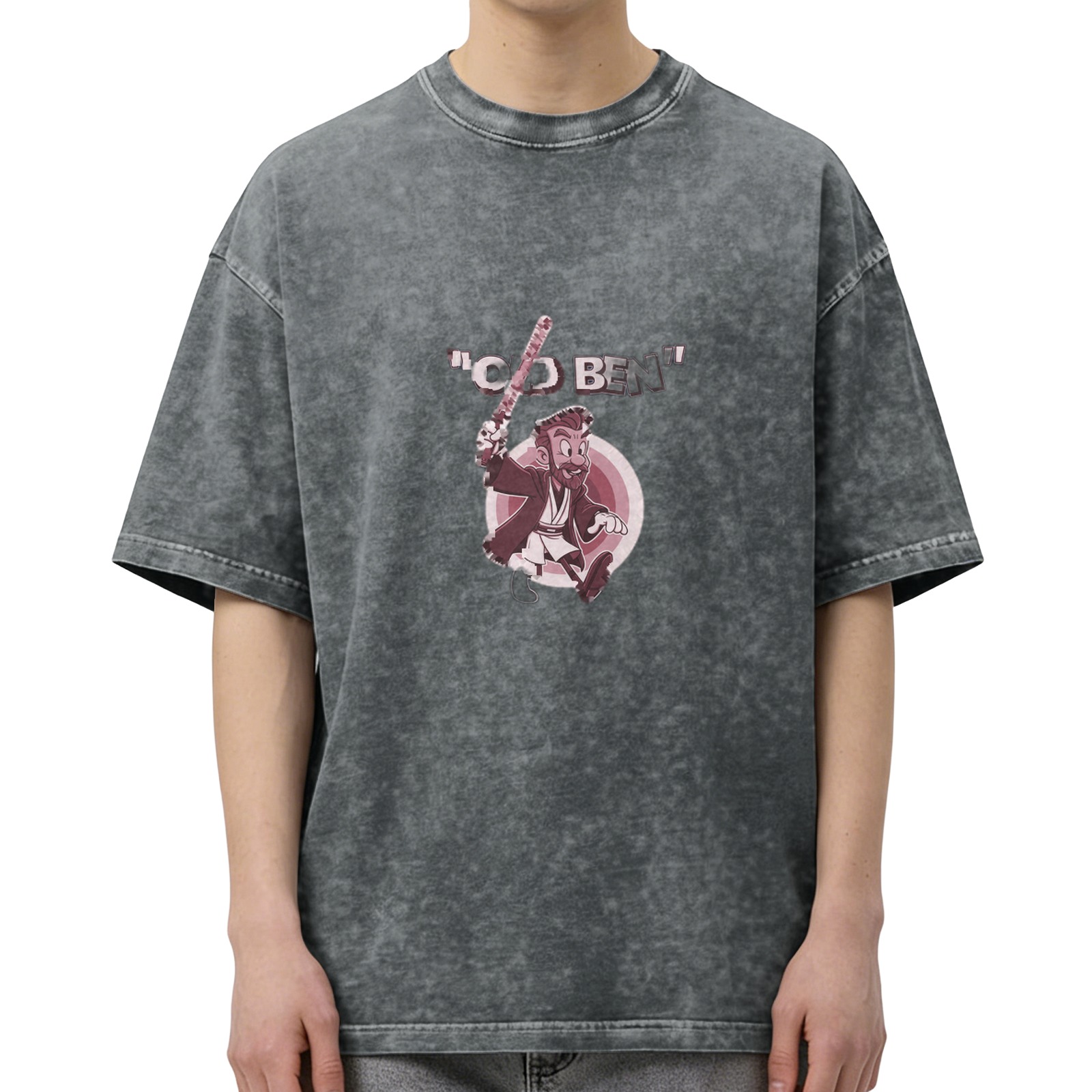 Washed Black T-Shirt With Cartoon Jedi 'Obi Ben' Print