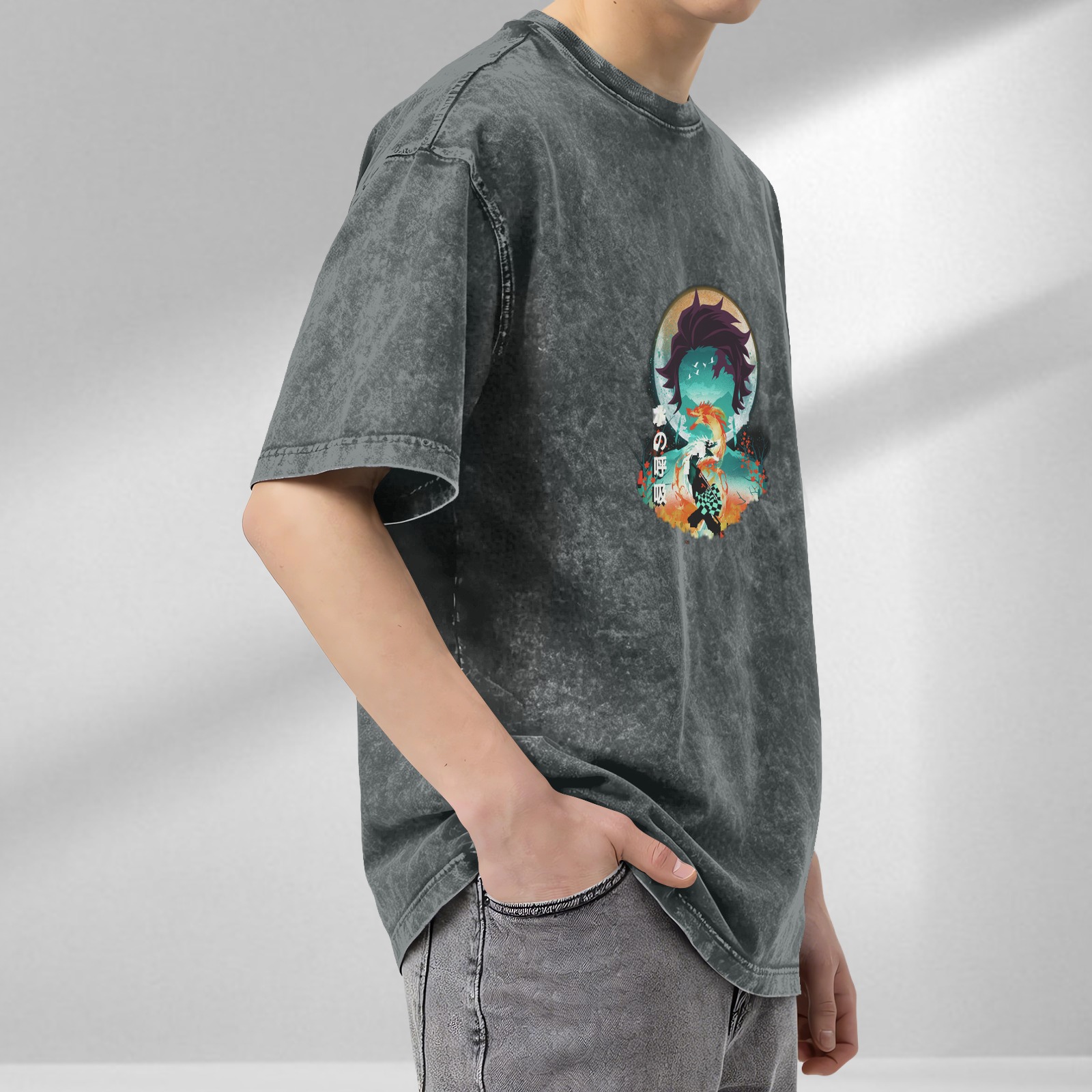 Demon Slayer Tanjiro Water Breathing Anime Graphic Oversized Acid Wash T-Shirt