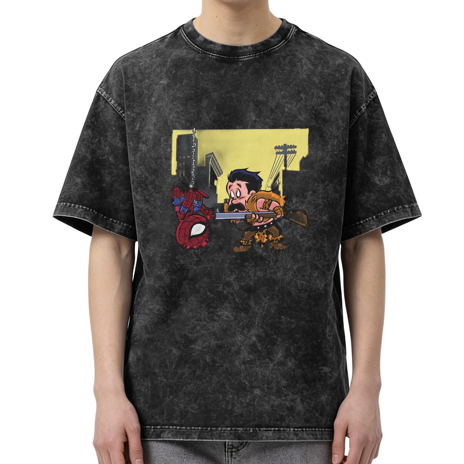 Washed black graphic tee with Spider-Man and hunter cartoon print