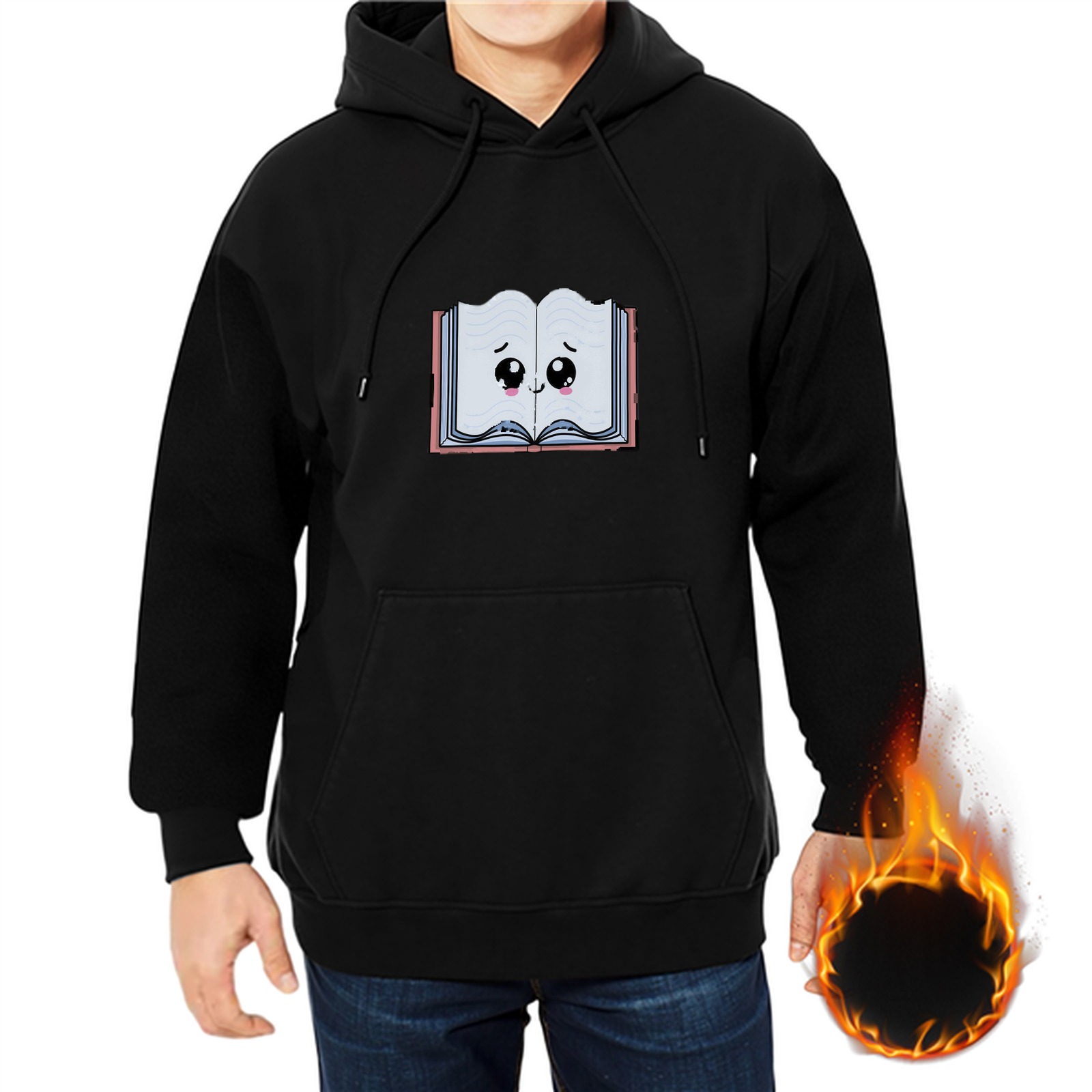 Black hoodie with cute cartoon open book graphic