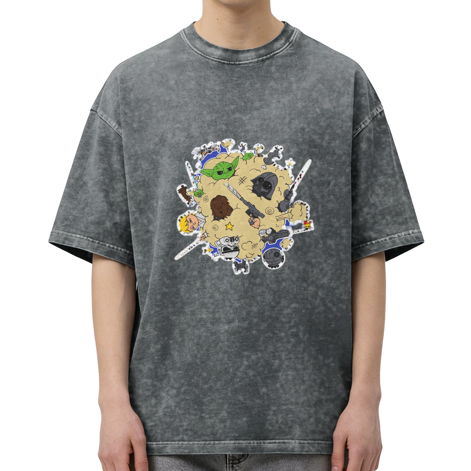Washed Black T-Shirt With Cute Star Wars Character Collage Print