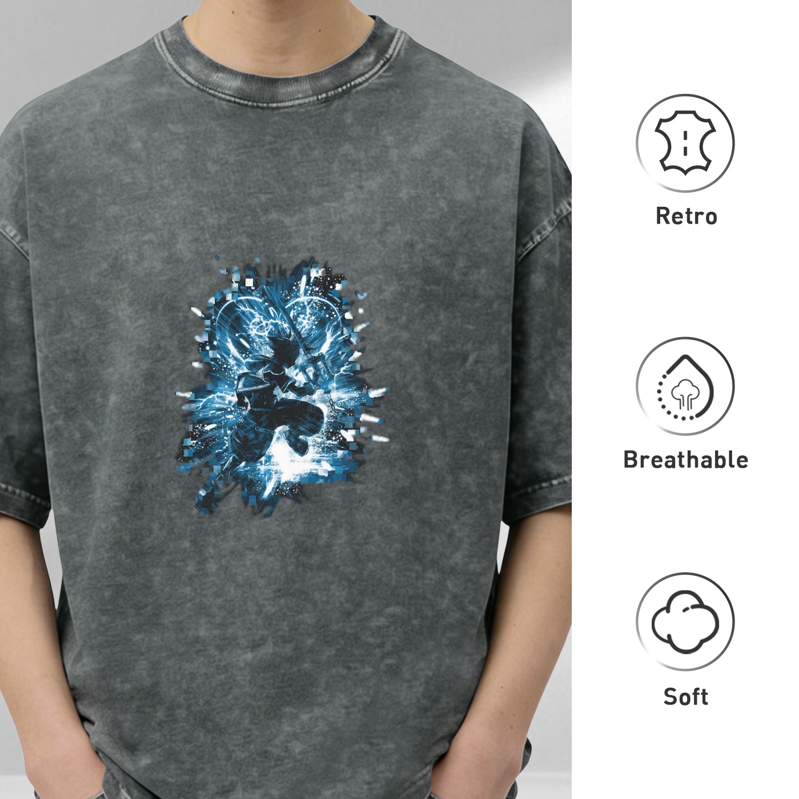 Washed black graphic t-shirt with blue anime action character print