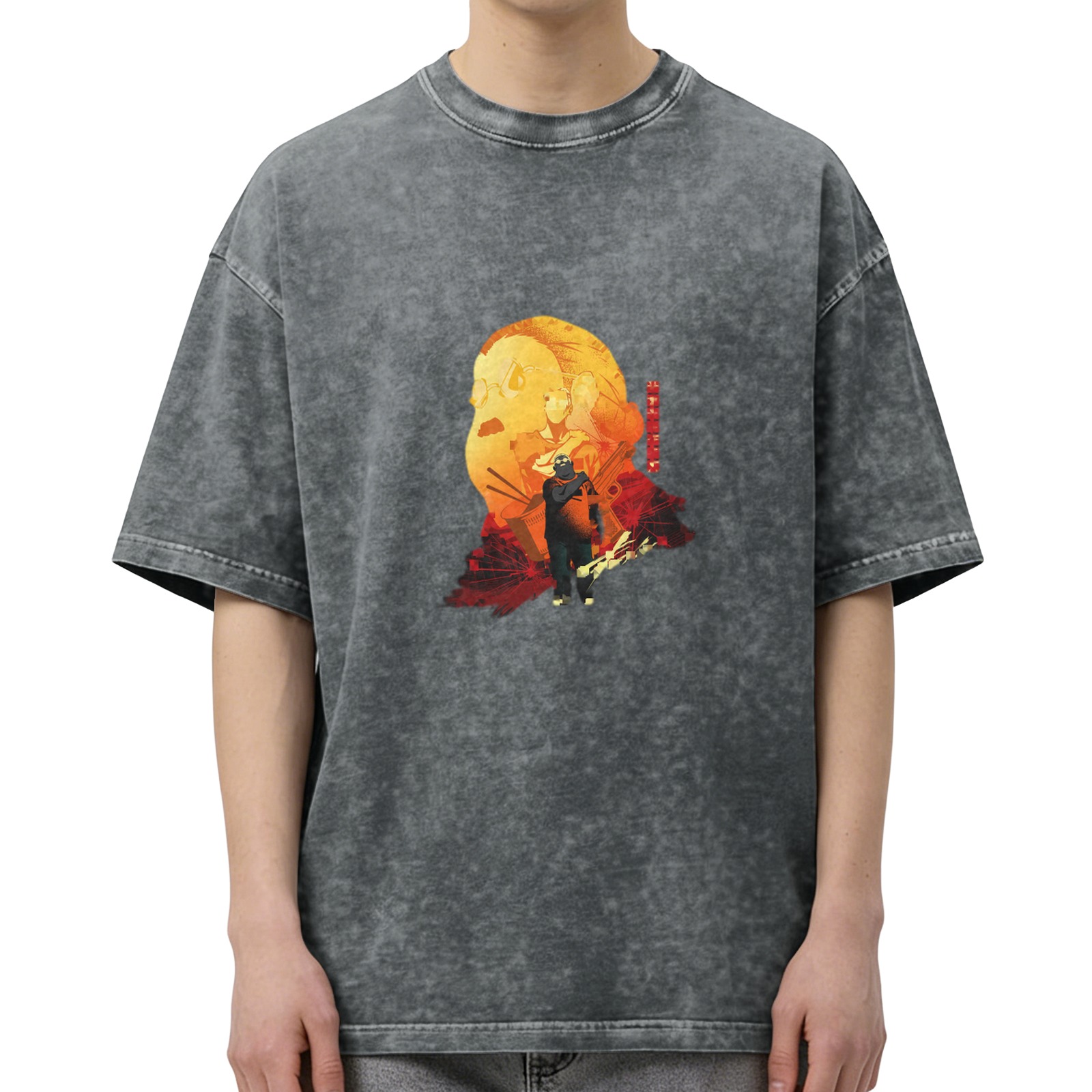 Oversized Acid Wash Anime Graphic T-Shirt