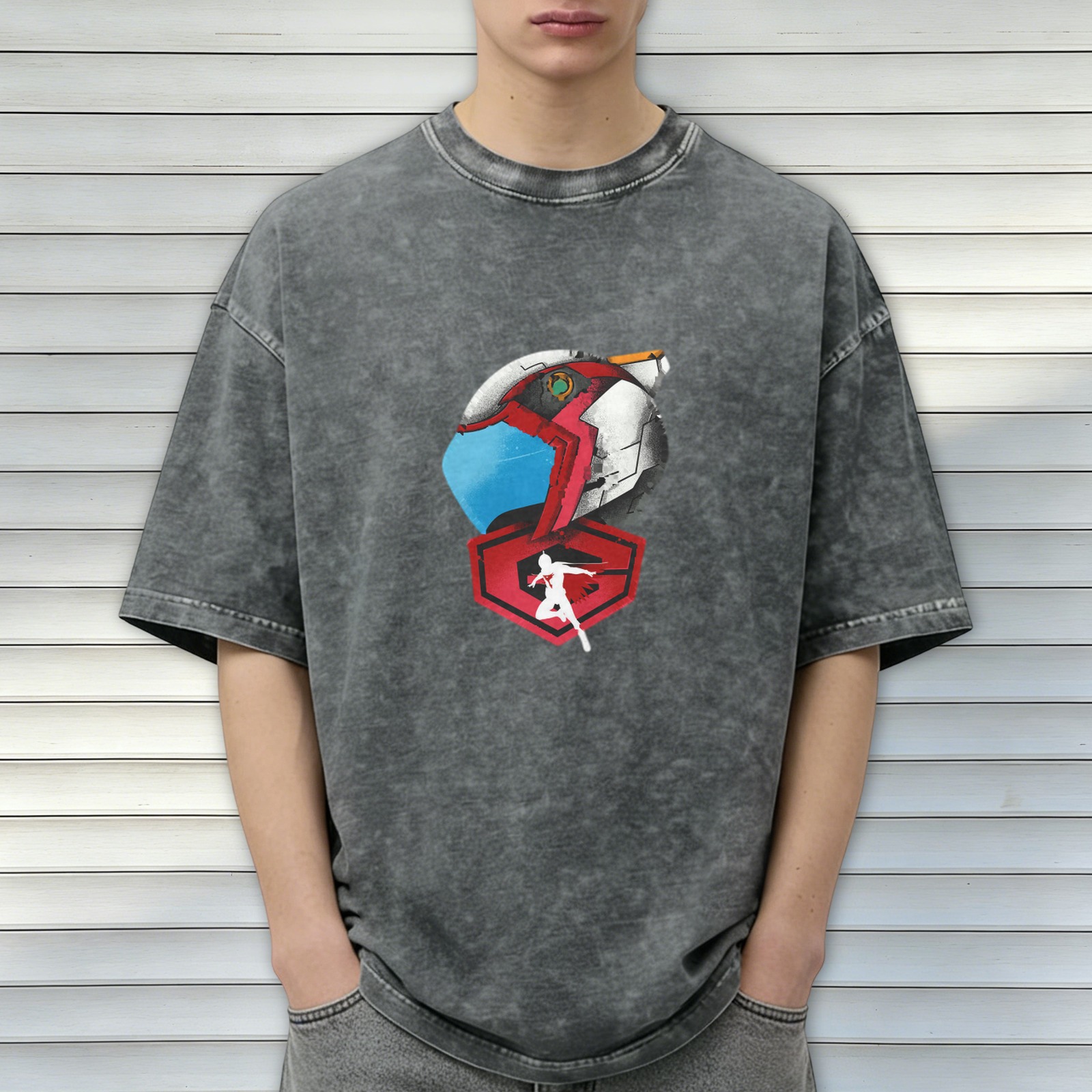 Oversized Acid Wash T-Shirt With Anime Mech Helmet Print