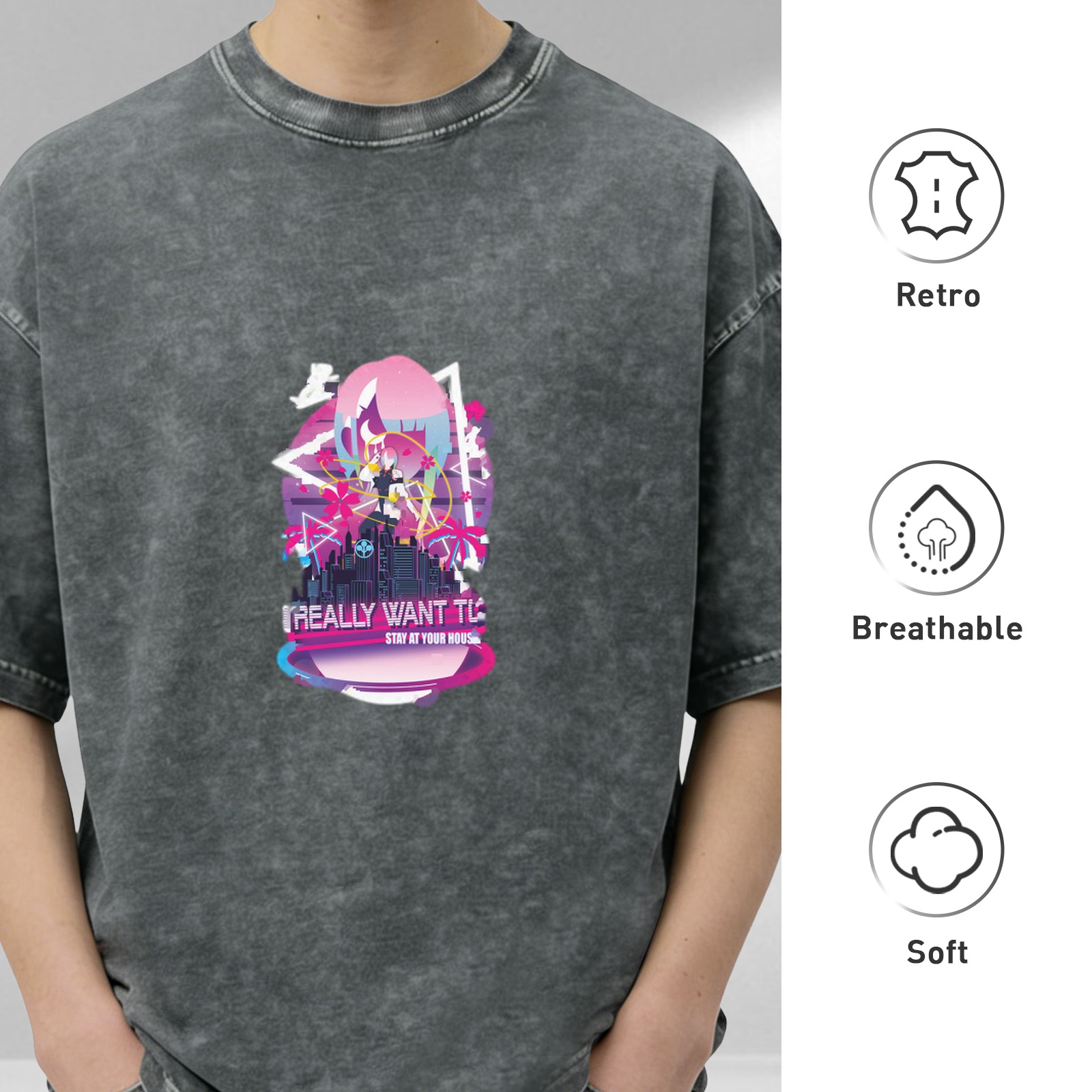 Washed black graphic t-shirt with anime cityscape and text print