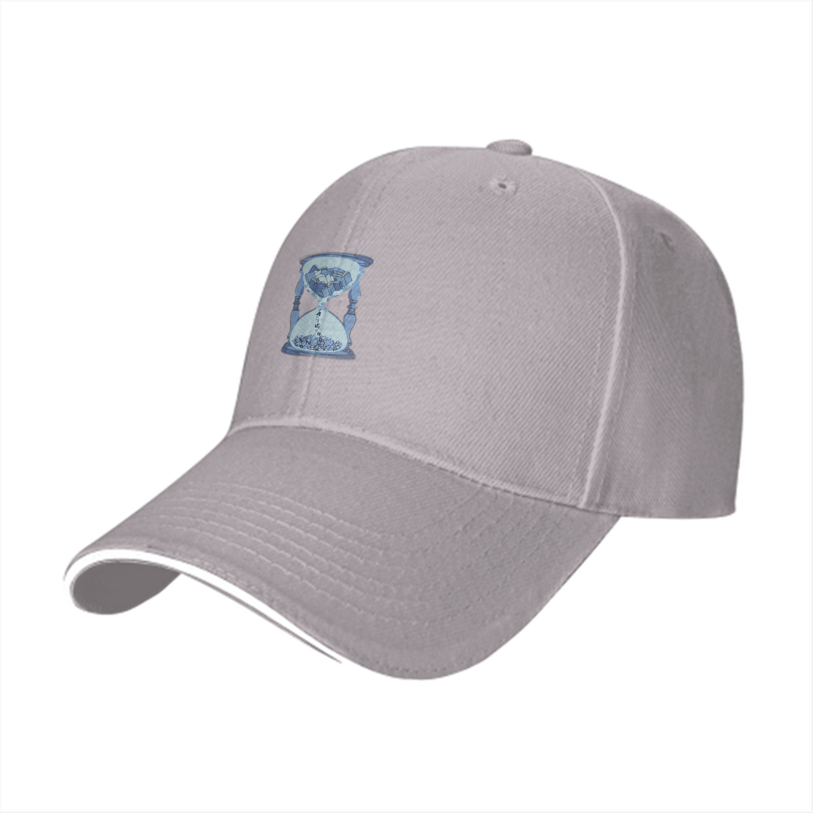 Black baseball cap with light blue hourglass graphic design