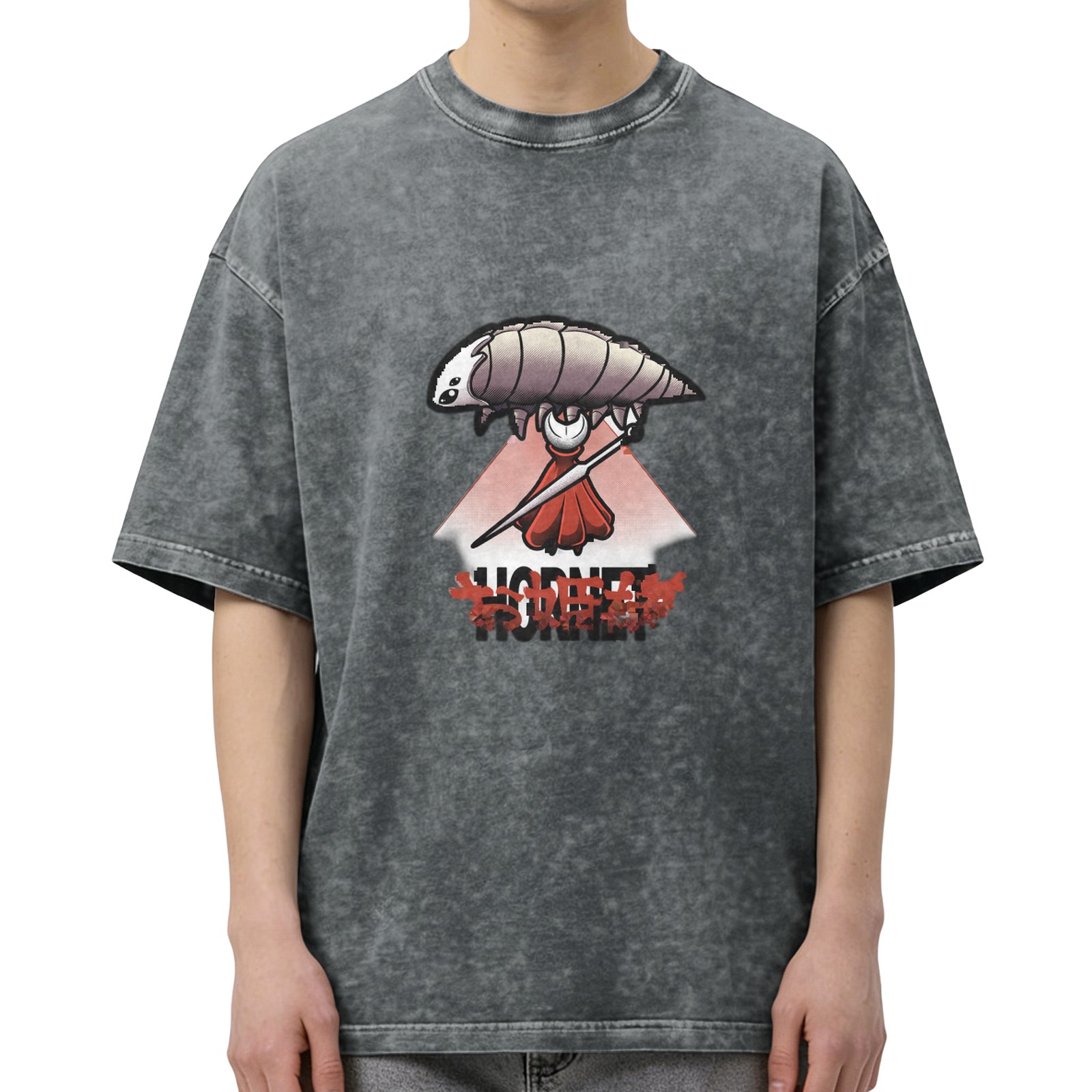 Washed Black T-Shirt With Fantasy Insect Warrior Graphic Print