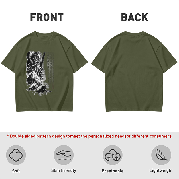 Olive T-shirt with Cthulhu and Wave Gothic Art Print