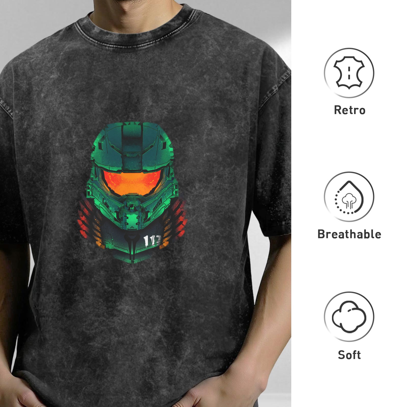 Oversized Stonewashed T-Shirt With Master Chief Helmet Graphic