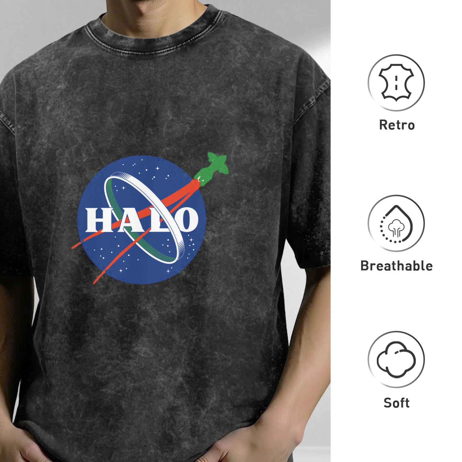 Oversized Acid Wash Black T-Shirt with NASA-style HALO Graphic Print
