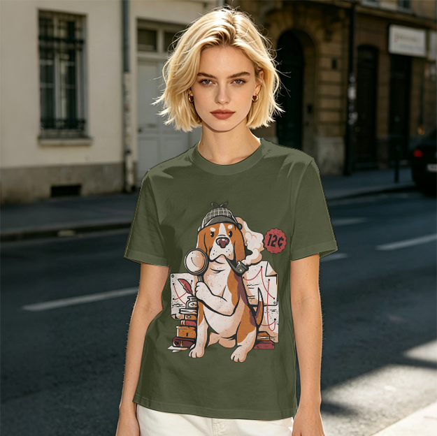 Olive T-Shirt With Cartoon Detective Beagle Dog Print