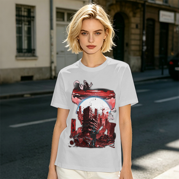 Olive Graphic T-Shirt with Post-Apocalyptic Cityscape Print