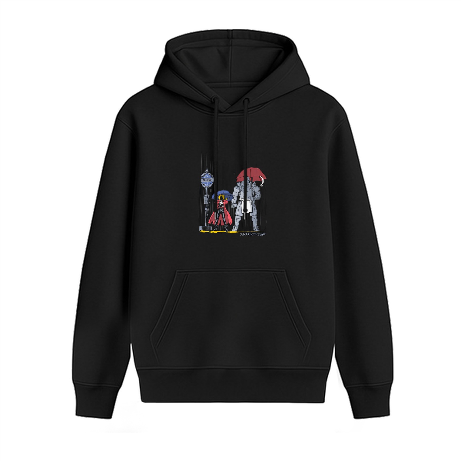 Black hoodie with anime character umbrella stand print