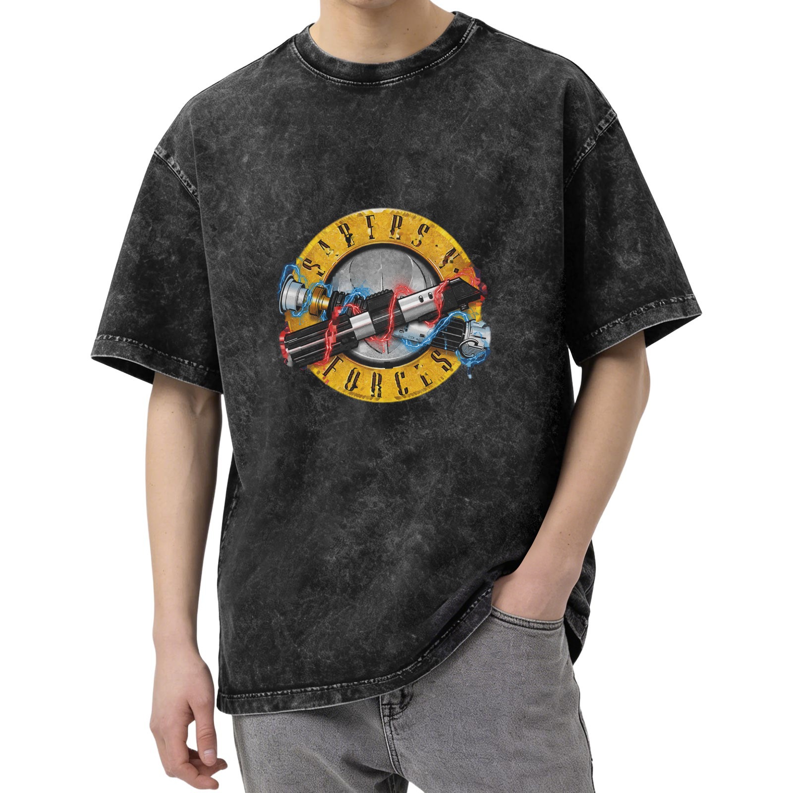Oversized Acid-Wash T-Shirt with 'Saber's Forces' Lightsaber Graphic Print