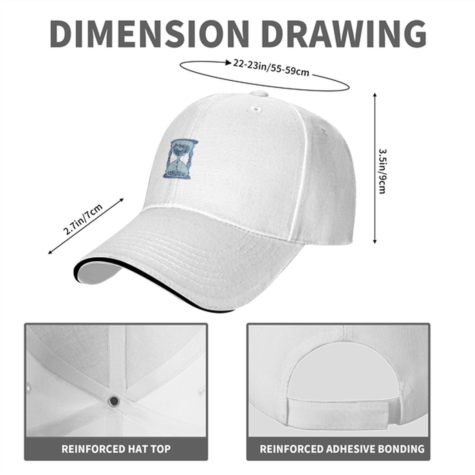 Black baseball cap with light blue hourglass graphic design
