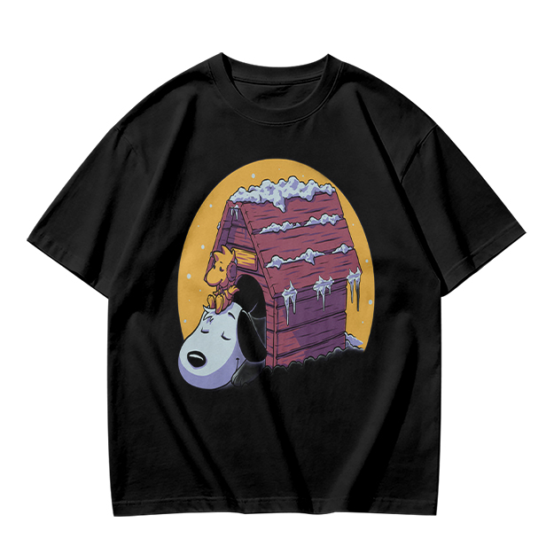 Olive T-shirt with Snoopy and Woodstock at snow-covered doghouse