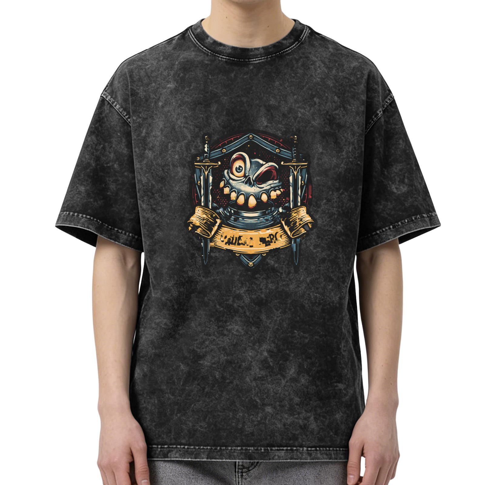 Washed Black Oversized T-Shirt With Cartoon Skull Swords Graphic