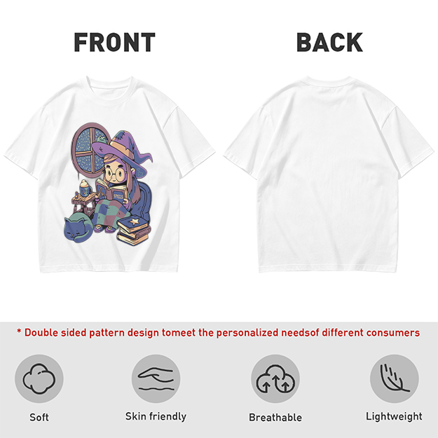Olive t-shirt with cozy reading witch and cat graphic