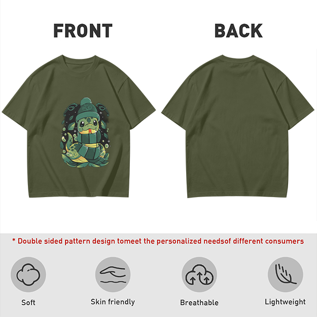 Olive Green T-Shirt With Cute Cartoon Snake Graphic