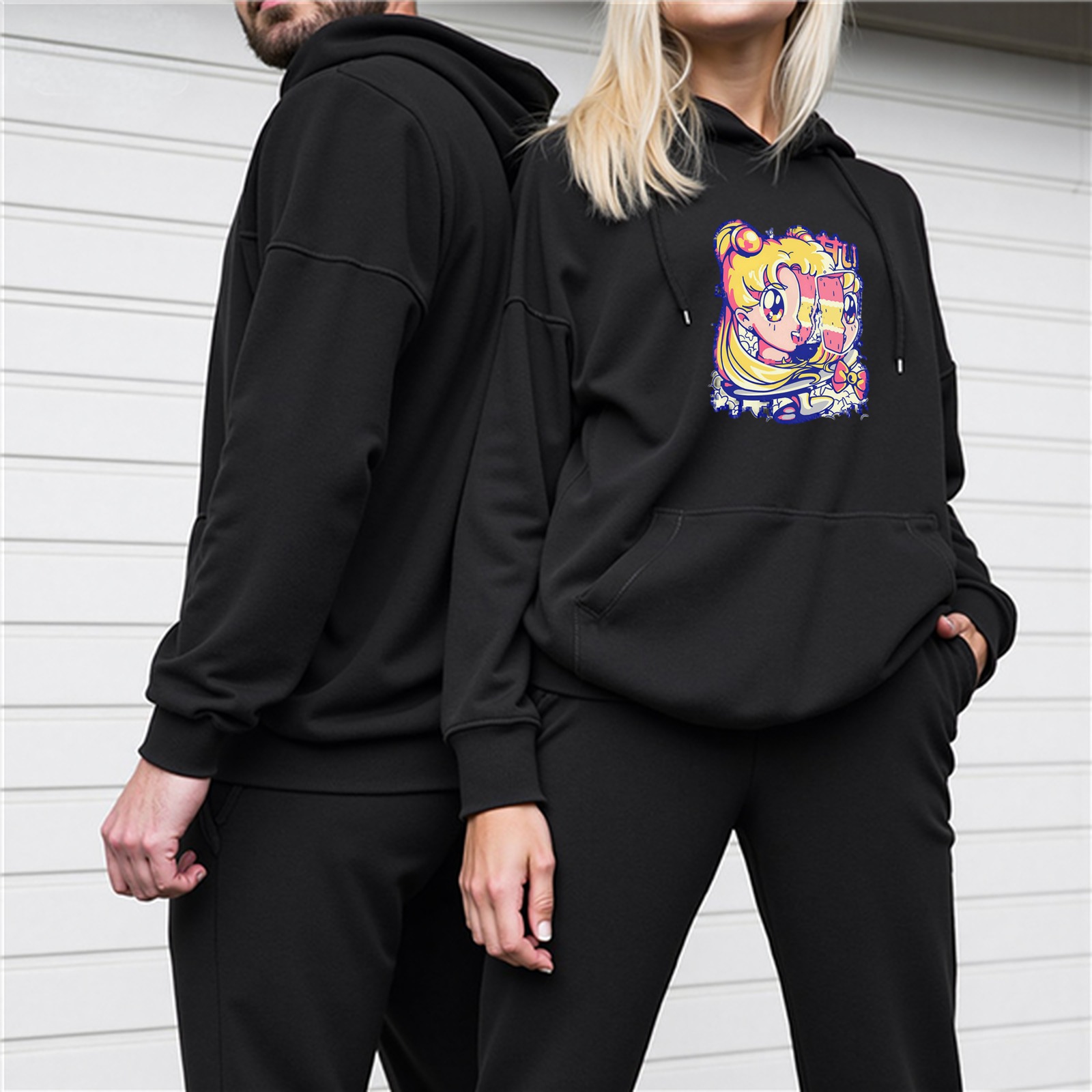Black hoodie with retro anime girl graphic print