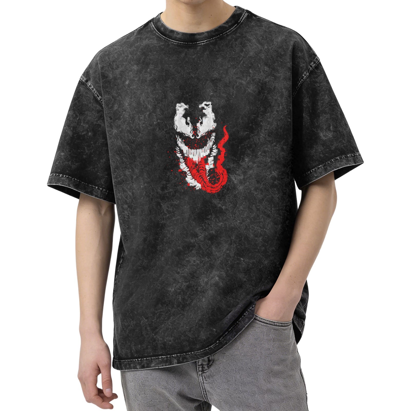 Oversized Acid Wash T-Shirt with Venom Graphic Print