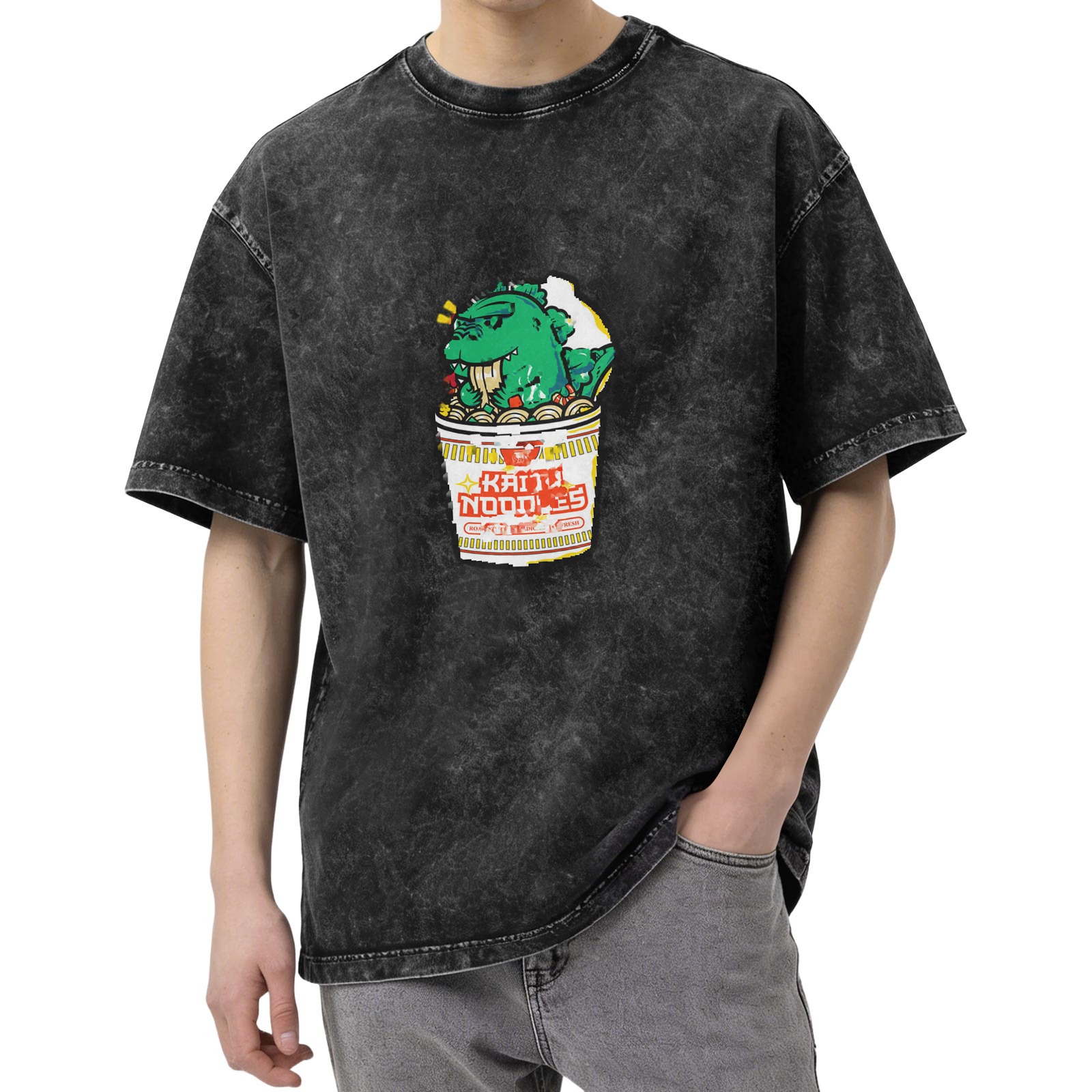 Washed Black T-Shirt with Kaiju Noodles Cup Monster Graphic