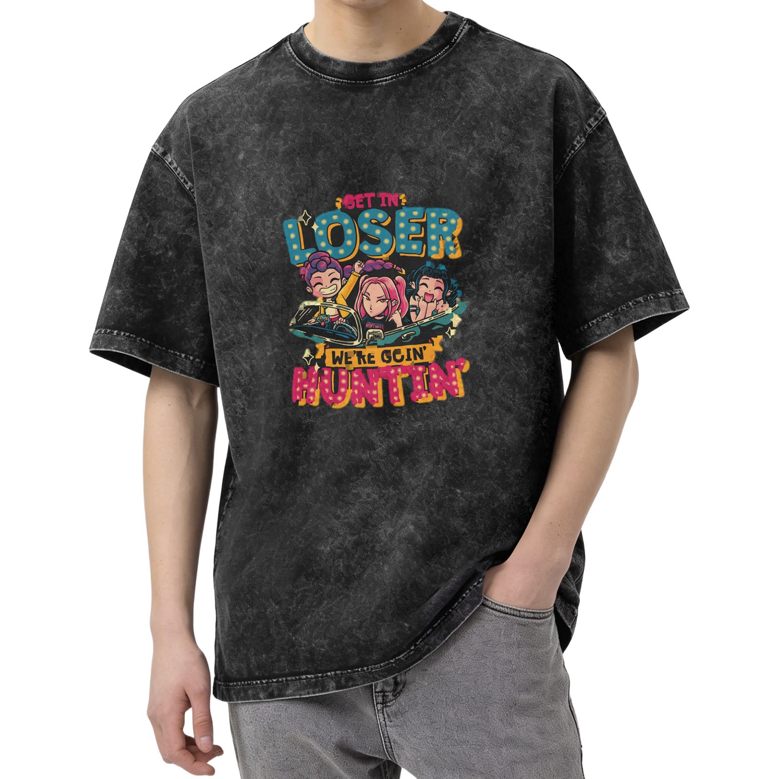 Washed black graphic t-shirt with get in loser we're goin huntin design