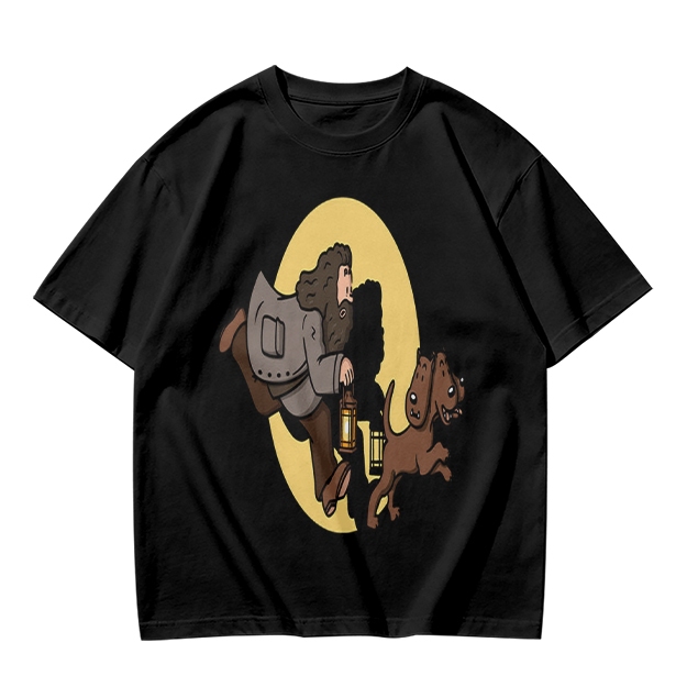 Olive T-Shirt With Cartoon Man And Dog Running Graphic