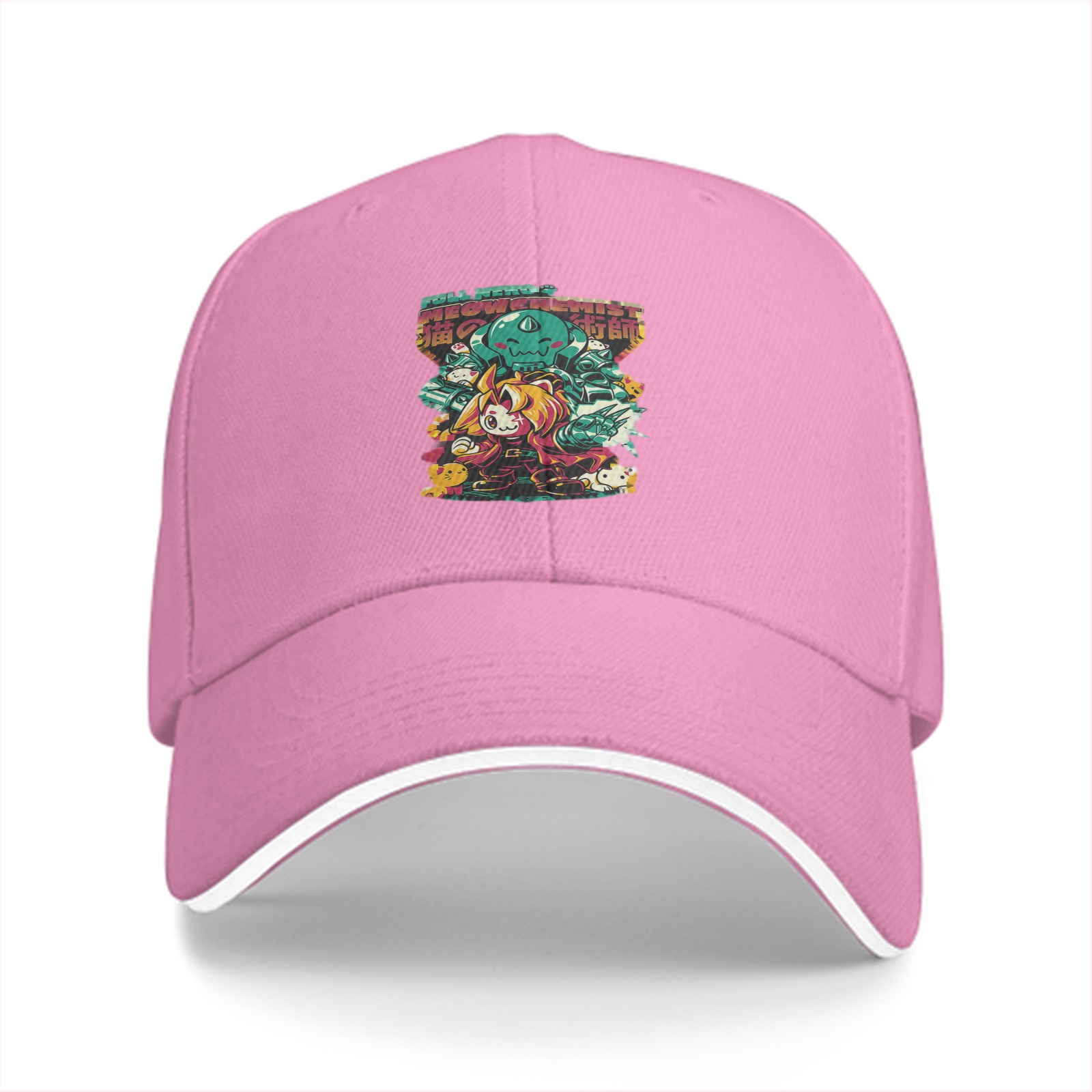 Black Baseball Cap with Anime Fantasy Creature Graphic Print
