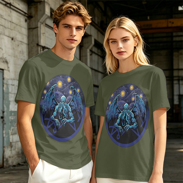 Olive T-Shirt with Cthulhu Starry Night Graphic Print