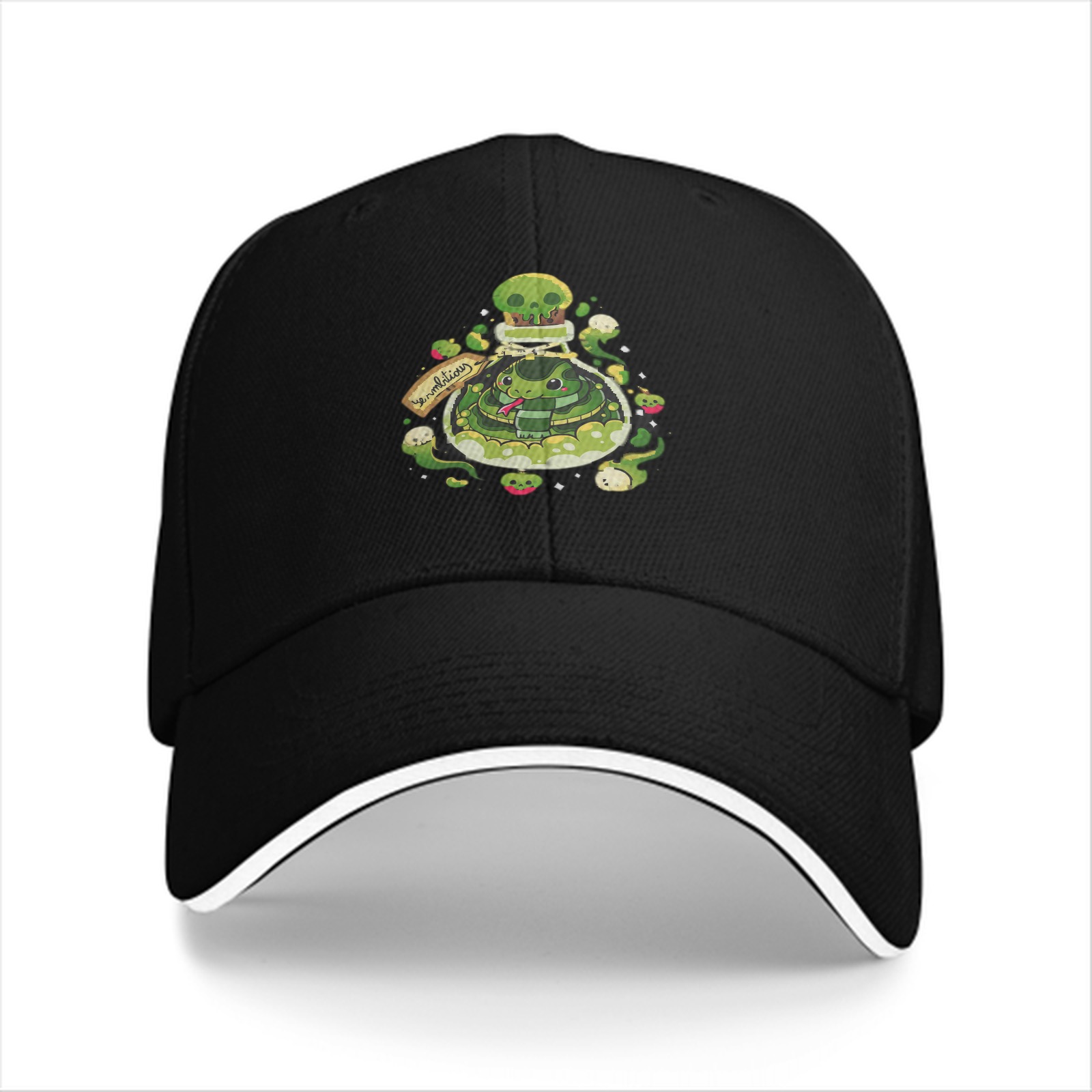 Black baseball cap with green snake potion bottle graphic
