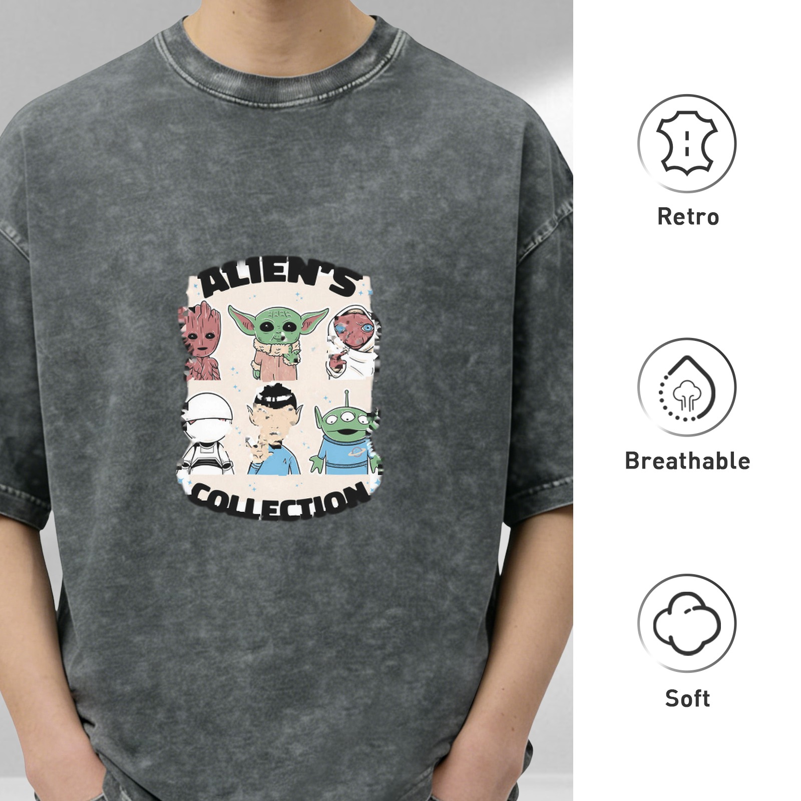 Washed Black T-Shirt with Alien's Collection Graphic Print